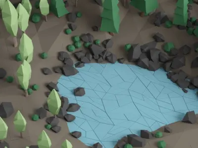 Low poly lanscape mountain hill tree lake rock 3D low poly model Low-poly 3D model