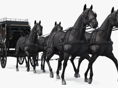  Four Black Horses Harness with Stagecoach 