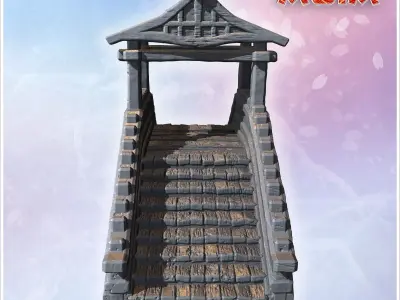 Ornamental stone bridge with steep stairs wooden railings and ti 3D print model