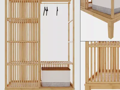 wardrobe bamboo clothes rack with hooks and hangers 3D model