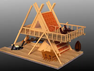 Glamping tower with hot tube and fire pit 3d model Low-poly 3D model