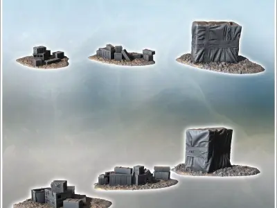 Crates and wrapped supplies grouped on rubble-strewn ground some 3D print model
