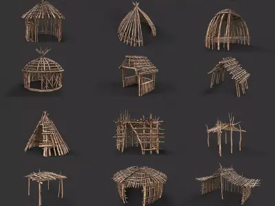 Primitive Wood Stick Jungle Shelter Collection 3D Model Pack
