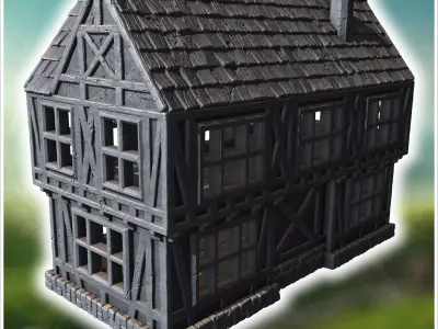 Two-story half-timbered house with detailed windows arched doorw 3D print model