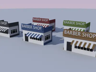Cartoon Building Set Low Poly Building Commercial Barbershop Low-poly 3D model