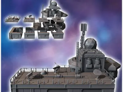 Futuristic complex with multiple interconnected structures and a 3D print model