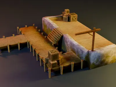 Stylized Wooden Dock with Crates Low-poly 3D model