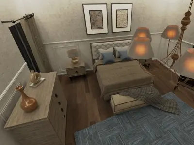 Bedroom Set room with bed and chairs Low-poly 3D model