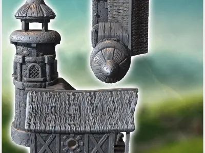 Round medieval lighthouse with annex house and access staircase  3D print model