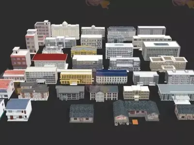 Many buildings low poly with texture  Low-poly 3D model