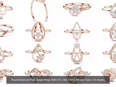 Round Diamond Pear Shape Rings 3DM STL OBJ FBX 3 Render Video 3D Model Pack