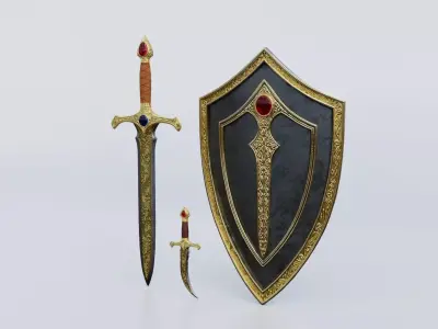 Realistic Game Ready Sword Dagger and Shield Collection Low-poly 3D model
