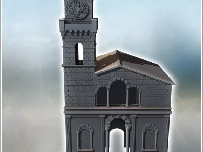 Large classical tile-roofed building with stone walls clock towe 3D print model