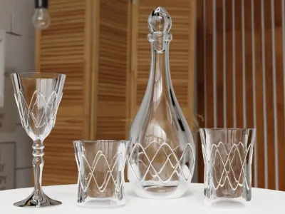 Glass Set silver decanter and glasses on table 3D model