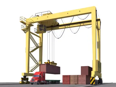 Location scene Crane load container to track Low-poly 3D model
