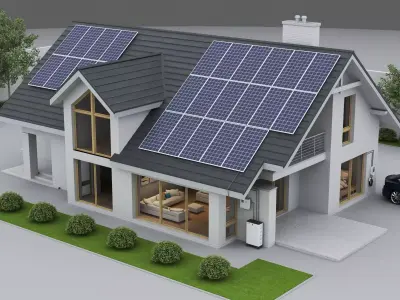 Modern eco friendly suburban homes equipped with solar panels Low-poly 3D model