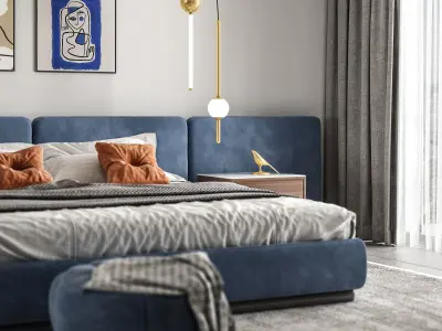 blue and gray velvet bed - bedroom 3d scene 3D model