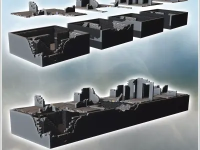 Ruined brick wall with collapsed wooden floor and broken stone f 3D print model