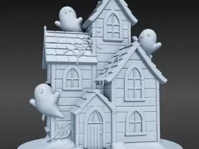 Cartoon Haunted House with Three Ghosts 3D print model