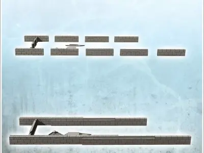 Set of brick river banks with lock and boat 25 - Modern WW2 WW1  3D print model