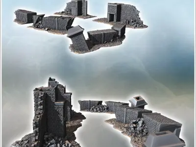 Heavily damaged building with exposed interior large windows and 3D print model