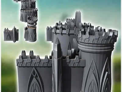 Modular Elf Great Wall with Battlement Towers 22 - Medieval Fant 3D print model