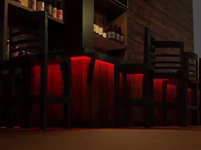 Bar counter with various drinks and red lighting Low-poly Low-poly 3D model
