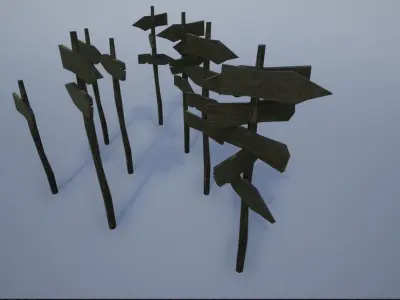 Lowpoly Medieval Wooden Road Signs Low-poly 3D model