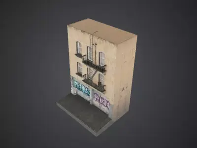 Modular Urban Building Facade with Fire Escape and Graffiti  Low-poly 3D model