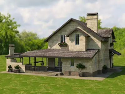 Modular Stone Country House  Veranda BBQ  Low-Poly Day Night Low-poly 3D model