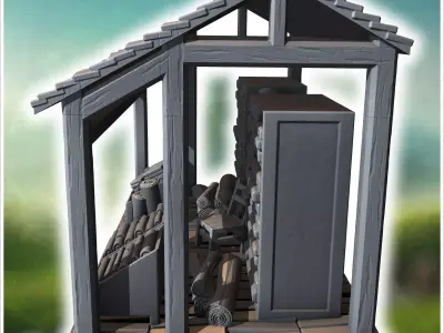 Small wooden shack with crates containing rolled parchment scrol 3D print model