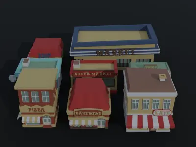 Cartoon shops Polygonal Style Low-poly 3D model