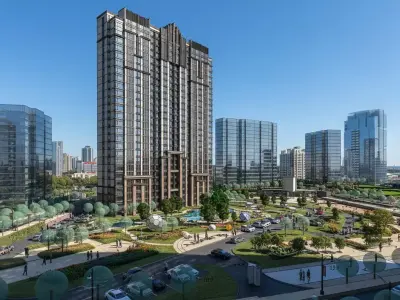 Residential Apartment Tower Complex with Urban Park and Plaza  Low-poly 3D model