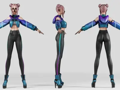 Streamer girl Sci-fi webcam performer with facial expressions Low-poly 3D model