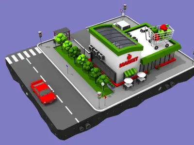 Supermarket Block from Cartoon Low Poly City Low-poly 3D model