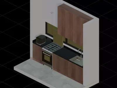 Walnut And Black Isometric Kitchen Interior 3D model