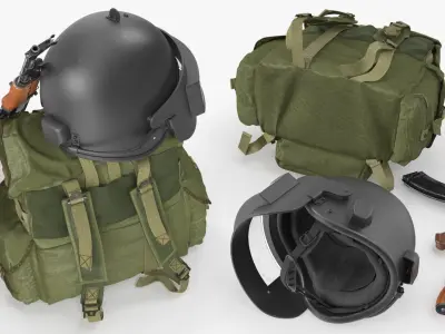  Armor Helmet with Ak-47 Rifle and Tactical Backpack 