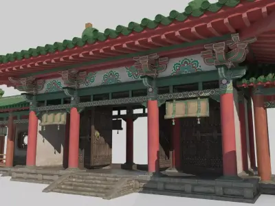 Ancient Asian architectural gatehouses and corridors 3D model