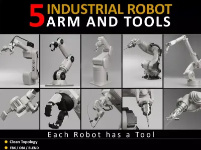 5 Industrial Robot Arm and 5 tools 3D model