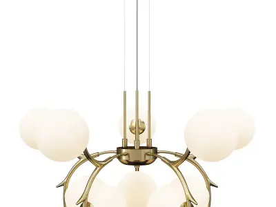 10 Bulb Modern Brass Pendant with Antler Arm Low-poly 3D model