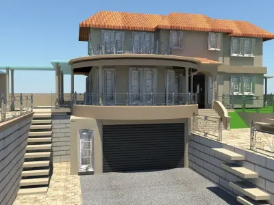 Exterior of Modern house including door windows grill and pool 3D model