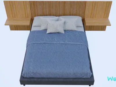 Bed and Headboard with Vertical Design Low-poly 3D model