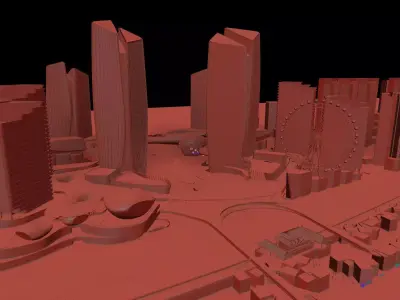 Waterfront City Skyline With Ferris Wheel 3D model