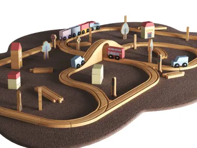 Wooden road railway toys set 3D model