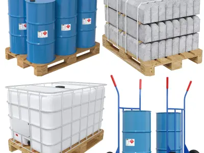 A set of pallets with different cargo and a trolley 3D model