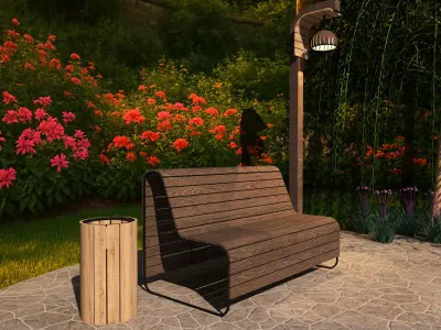 Garden Bench with Lamp and Trash Bin -Outdoor Set- Low-poly 3D model