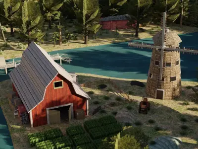 A Rustic Countryside Farm with Windmill and Riverside Barn 3D model
