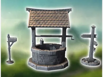 Outdoor accessory set with tile-roofed well wooden sign and lett 3D print model