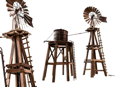 Western Windmill Farm Set Low-poly 3D model