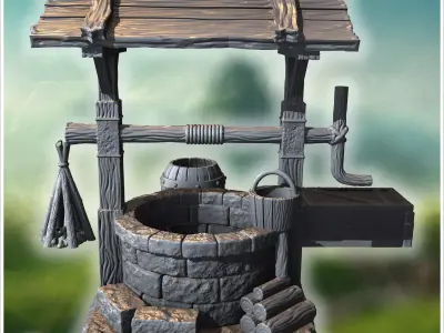 Wooden well with detailed roof bucket and surrounding barrels cr 3D print model